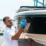 Boat maintenance - Man with orbital polisher polishing boat in marina.